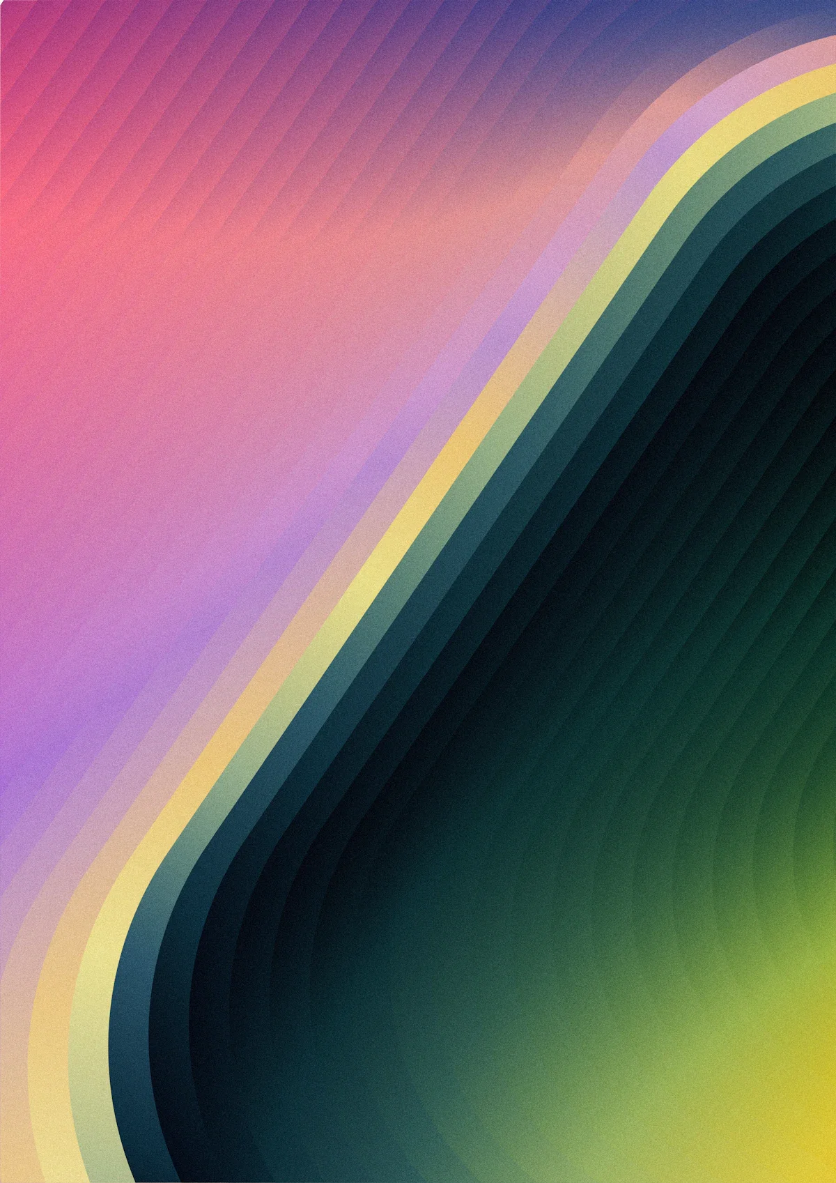 Curved layered stripes on a vibrant pink and green gradient, suggesting structured layers of interaction folding into each other.